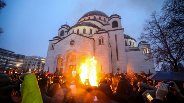 Serbia celebrates Christmas Eve; Yule Log lit in front of St Sava Temple; Fireworks across the country VIDEO