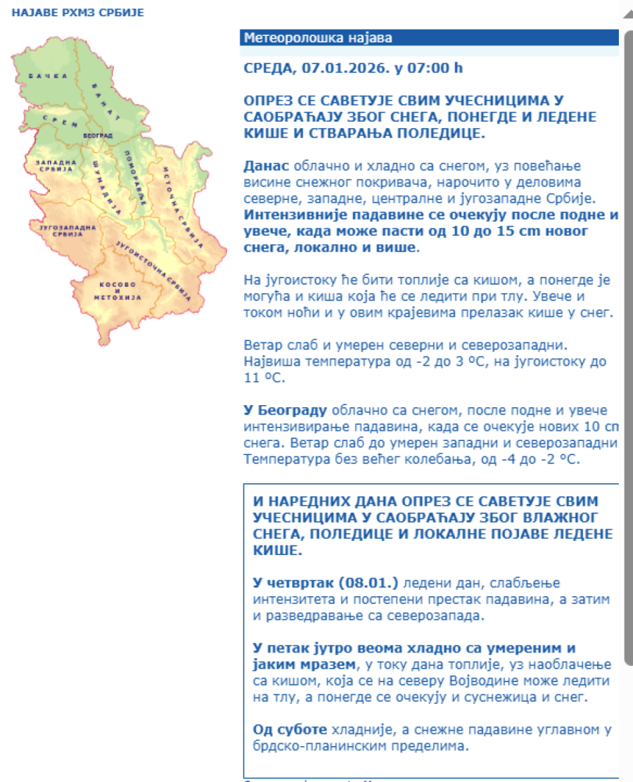 RHMZ niže upozorenja od ranog jutra: Stiže nova tura snega
