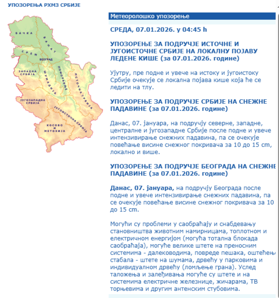RHMZ niže upozorenja od ranog jutra: Stiže nova tura snega
