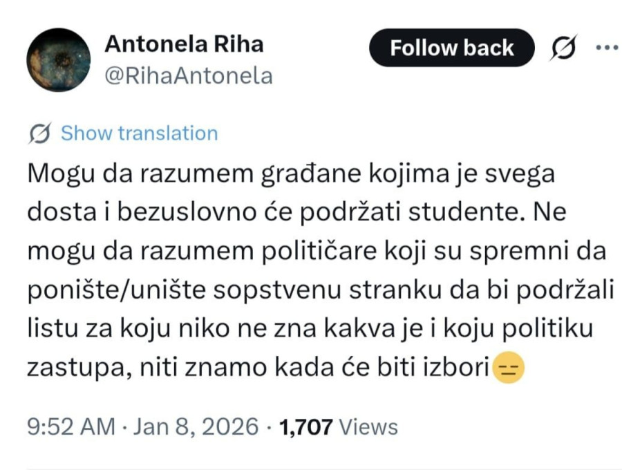 Riha o blokaderima: Ne razumem političare koji podržavaju listu čija politika nije poznata