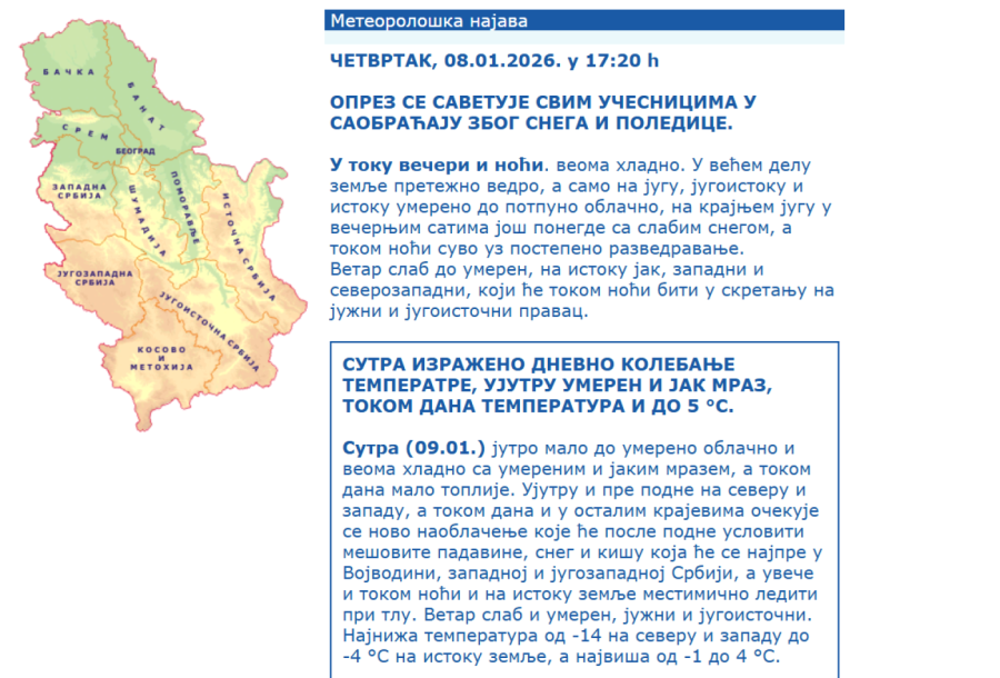 Građani Srbije upozoreni; Spremite se, večeras i do minus 16 stepeni FOTO