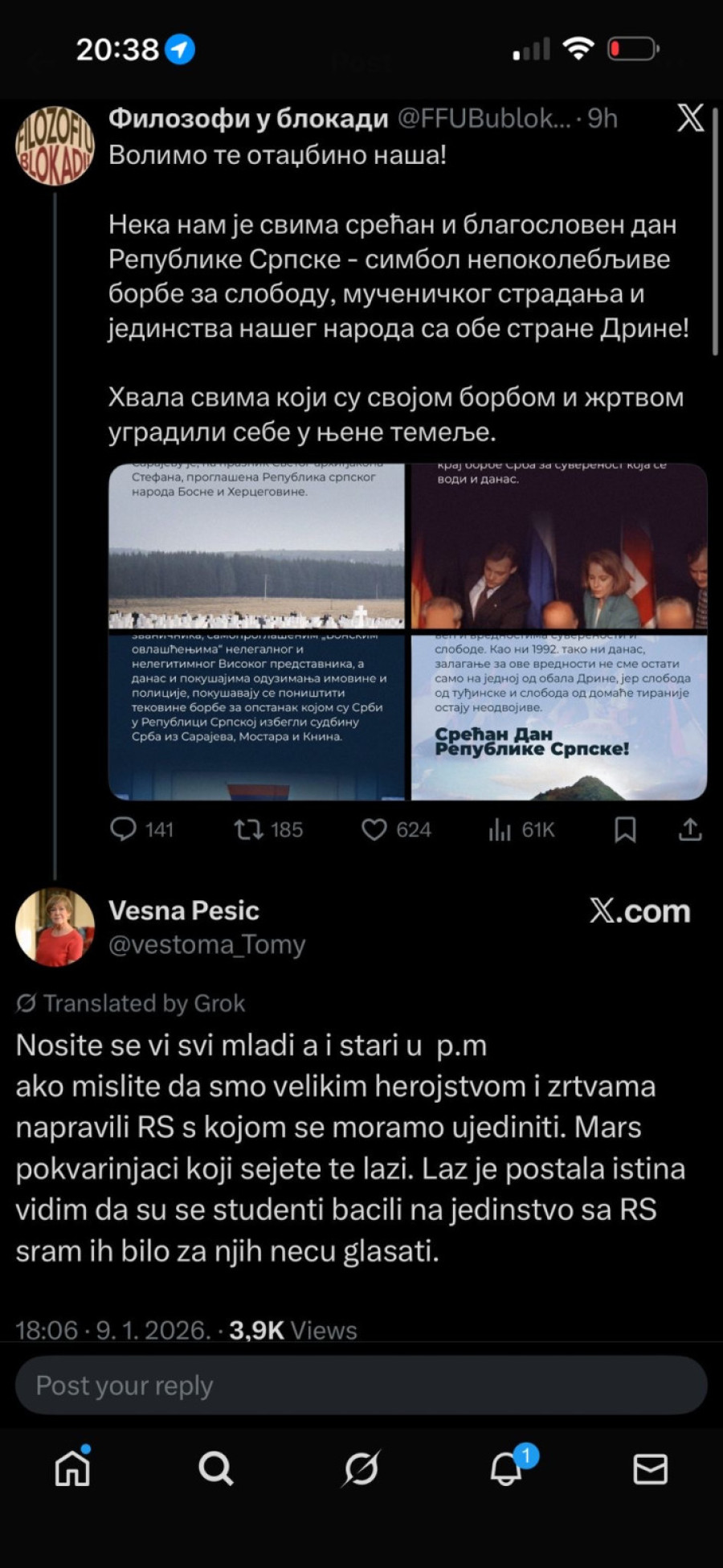 Filozofi u blokadi čestitali dan Republike Srpske; Pešić odgovorila: Sram ih bilo, za njih neću glasati FOTO