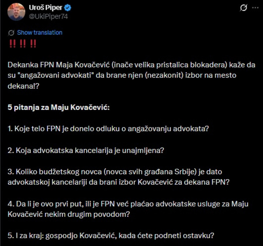 Piper: Pet pitanja za dekanku FPN; Od čijih para gospođo Kovačević FOTO