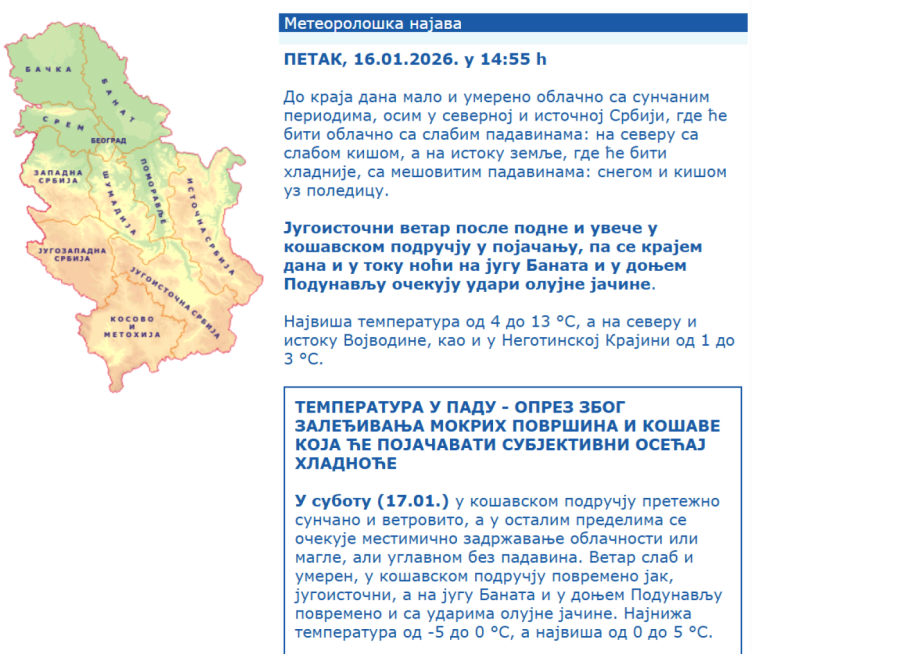 Temperatura pada, opasnost raste: Na snazi više upozorenja