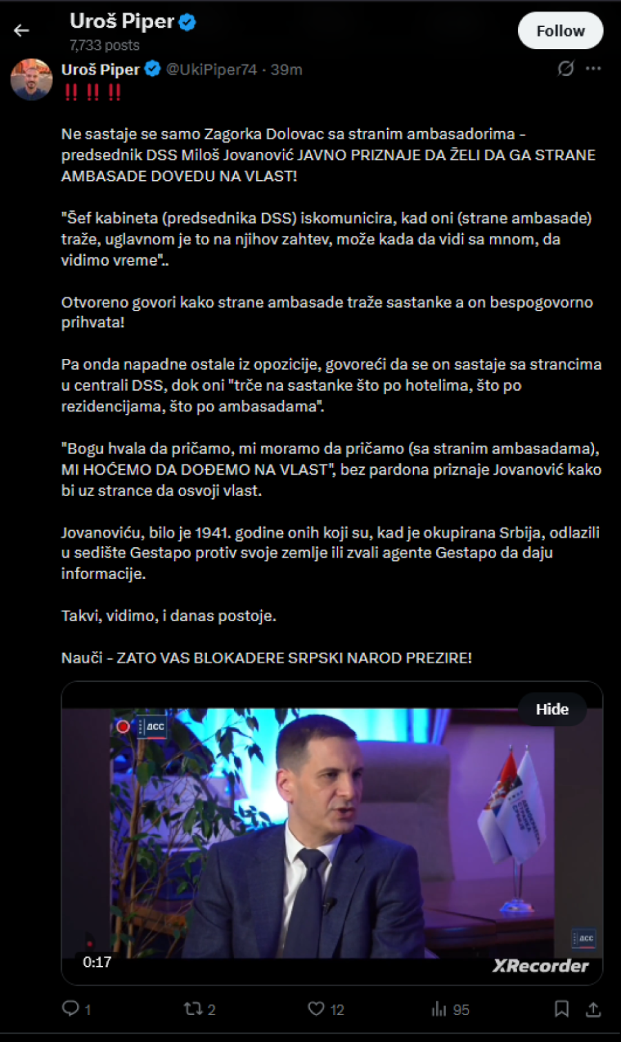 Piper: Ne sastaje se samo Dolovac sa stranim ambasadorima; Jovanović priznao da želi da ga dovedu na vlast