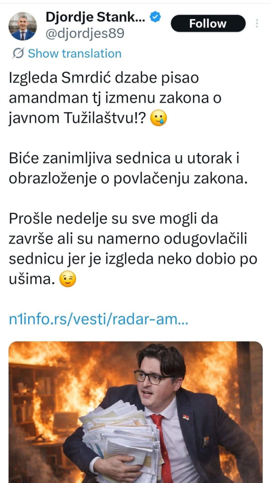 Mrdić poručio Stankoviću: Mene je našao da proziva i vređa mi porodicu; On je običan ološ
