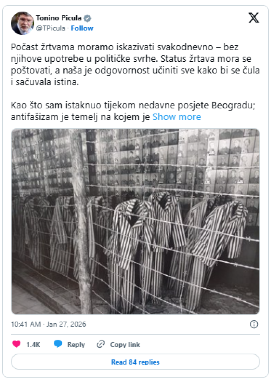 Dvostruki aršini Tonina Picule: Beži od pitanja o Jasenovcu, a drži lekcije o žrtvama Holokausta