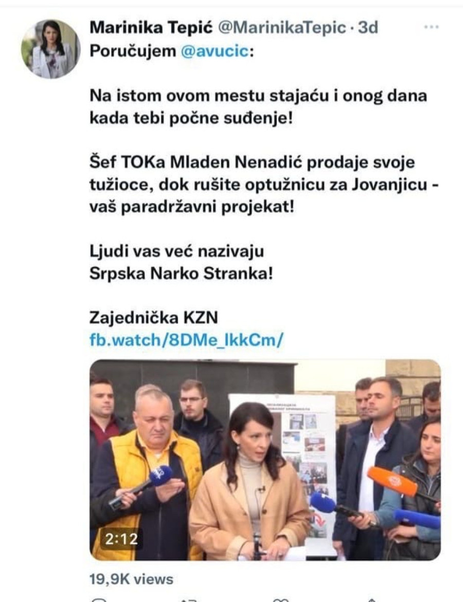Marinika Tepić o Nenadiću: Prodaje svoje tužioce