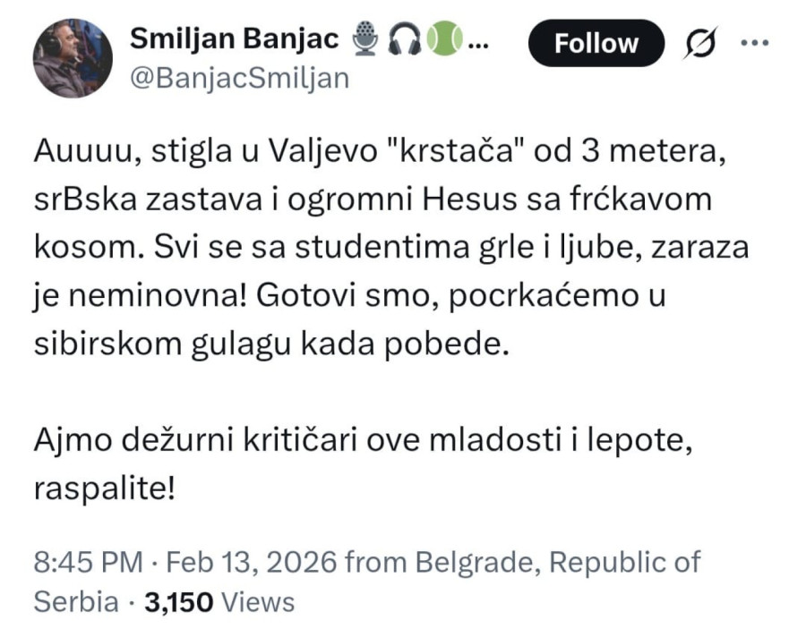 Blokader Smiljan Banjac: Srbija da se spremi za gulag kad pobede blokaderi sa fakulteta FOTO
