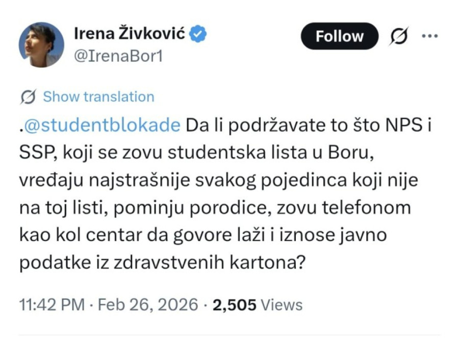 Živković otkrila istinu iza studentske liste u Boru: Vređaju svakog pojedinca koji nije na toj listi
