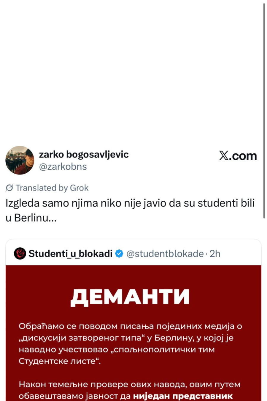 Bogosavljević potvrdio: Blokaderi išli u Berlin po mišljenje, ne žele veze Srbije i Rusije