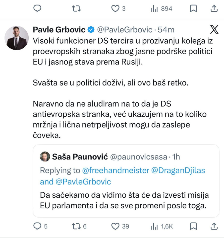 Pavle Grbović poručio DS-u: Puni ste lične mržnje i netrpeljivosti FOTO