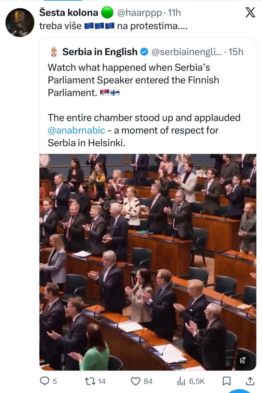 Blokaderima smeta i aplauz za Srbiju: Negodovanje zbog dočeka Ane Brnabić u Finskom parlamentu