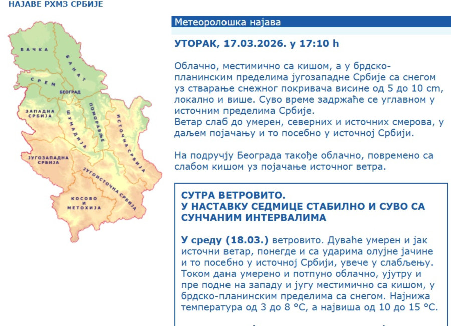 Počeo sneg u Srbiji, evo gde se očekuje da padne i do 20 centimetara