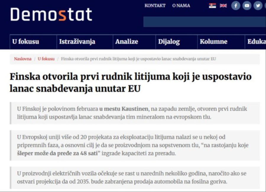 Demostat sam sebe demantuje: Hvale litijum u Finskoj, a rušili Jadar u Srbiji