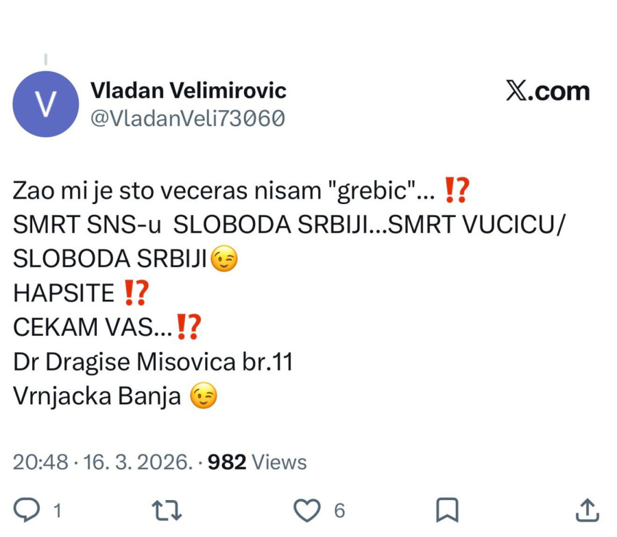 Nove pretnje; Blokader pozvao na ubistvo predsednika Srbije; Smrt Vučiću FOTO