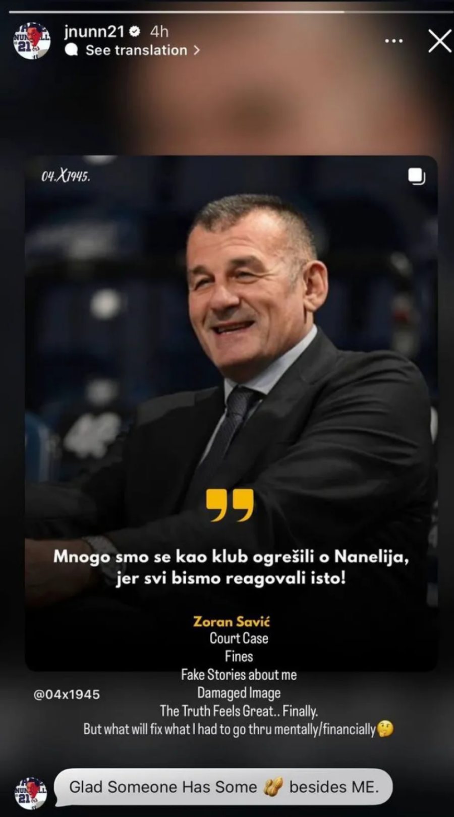 Savić: Partizan se ogrešio o Nanelija; Džejms: Drago mi je da neko ima m*da FOTO