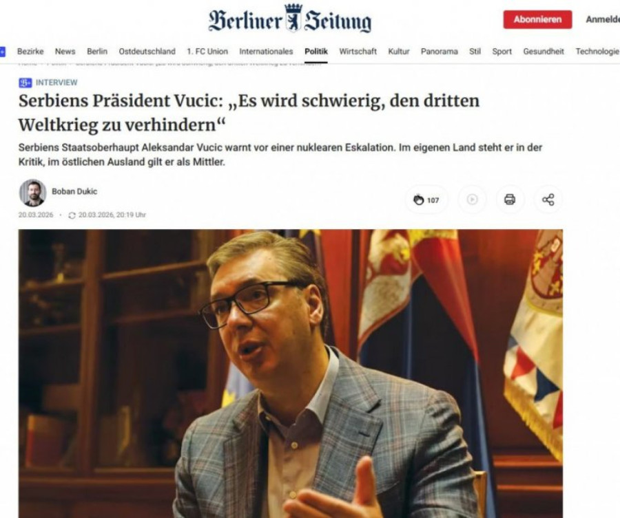 Vučić za Berliner Cajtung: Treći svetski rat je možda već počeo, samo još ne govorimo o tome zvanično