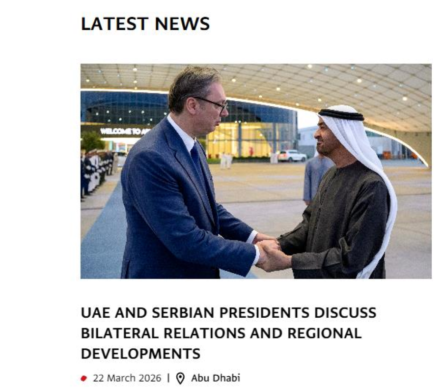 Poseta Vučića udarna vest u Emiratima; Vodeći mediji UAE o istorijskoj poseti: Mir u prvom planu FOTO