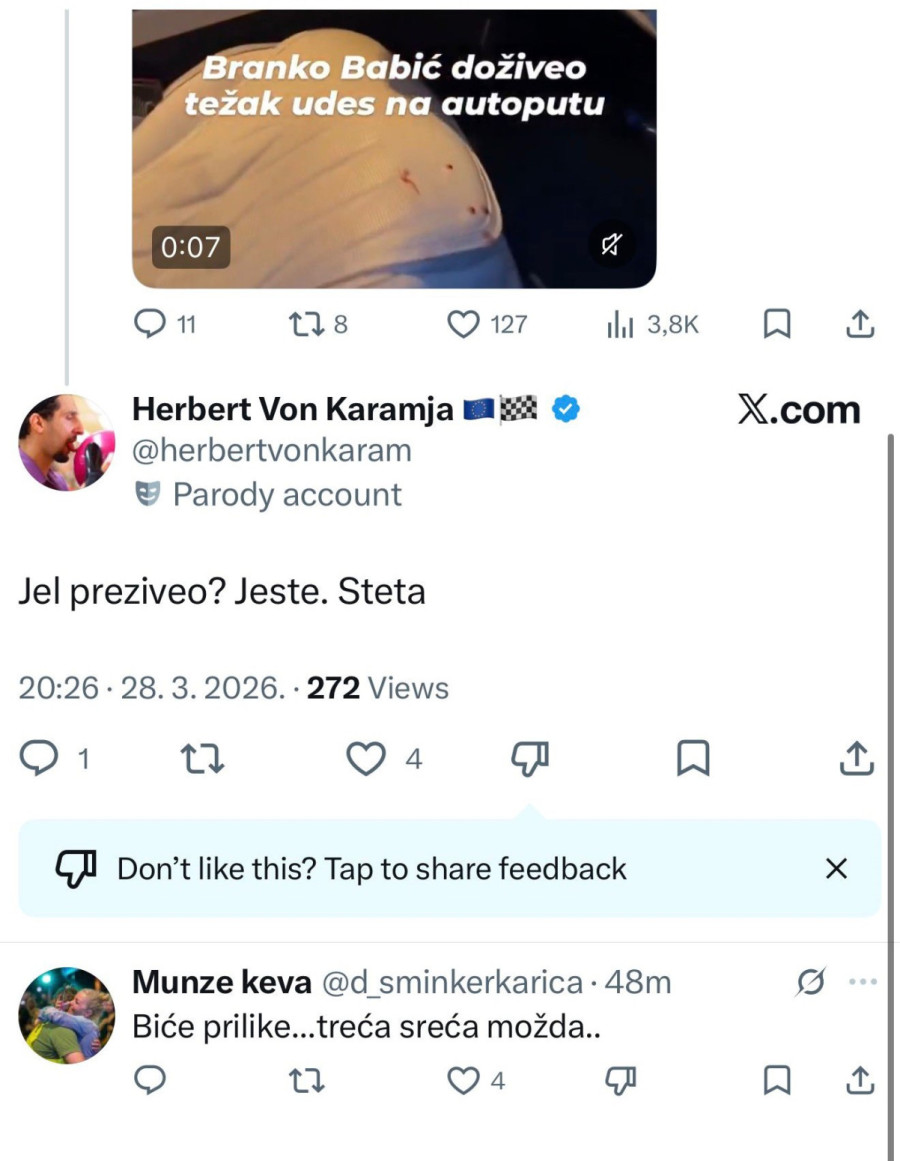 Sramni komentari blokadera nakon nesreće Branka Babića; Žive za prolivanje srpske krvi FOTO