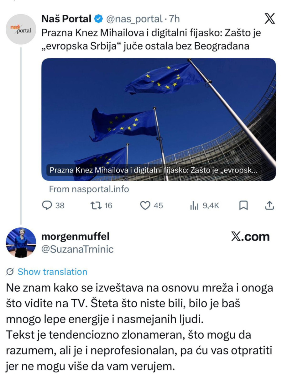 Trninić kritikovala Mihajlovsku: Tekst je tendenciozno zlonameran i neprofesionalan FOTO