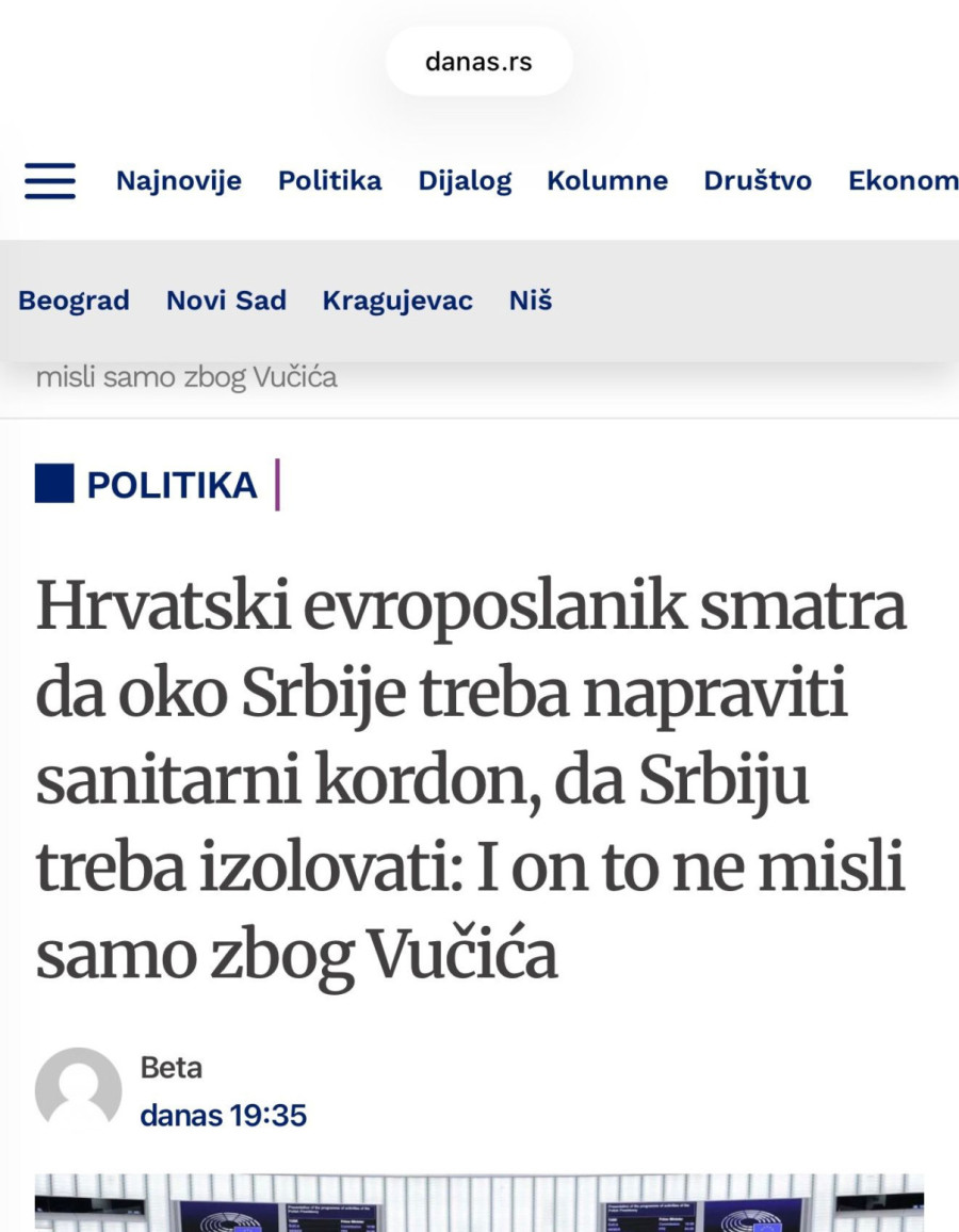 Skandal; Hrvatski evroposlanik šokirao izjavom: Oko Srbije treba stvoriti sanitarni kordon VIDEO
