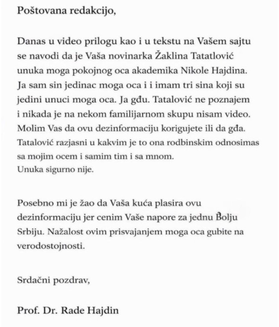 Isplivao još jedan dokaz: Žaklina Tatalović izmislila da je joj akademik SANU Nikola Hajdin deda
