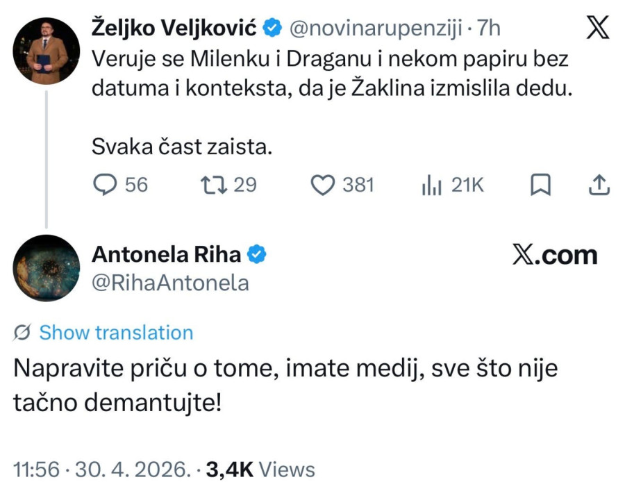 Riha izazvala Žaklinu Tatalović  i blokaderske medije: Napravite priču i demantujte šta nije istina