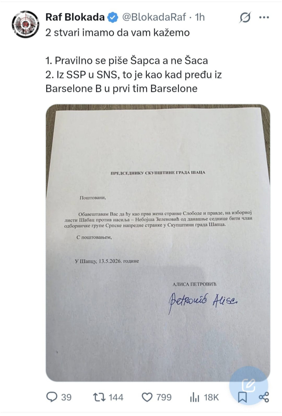 Nikad žešći sukob između Đilasa i blokadera; Rat nastavila odbornica iz Šapca koja je prešla u SNS