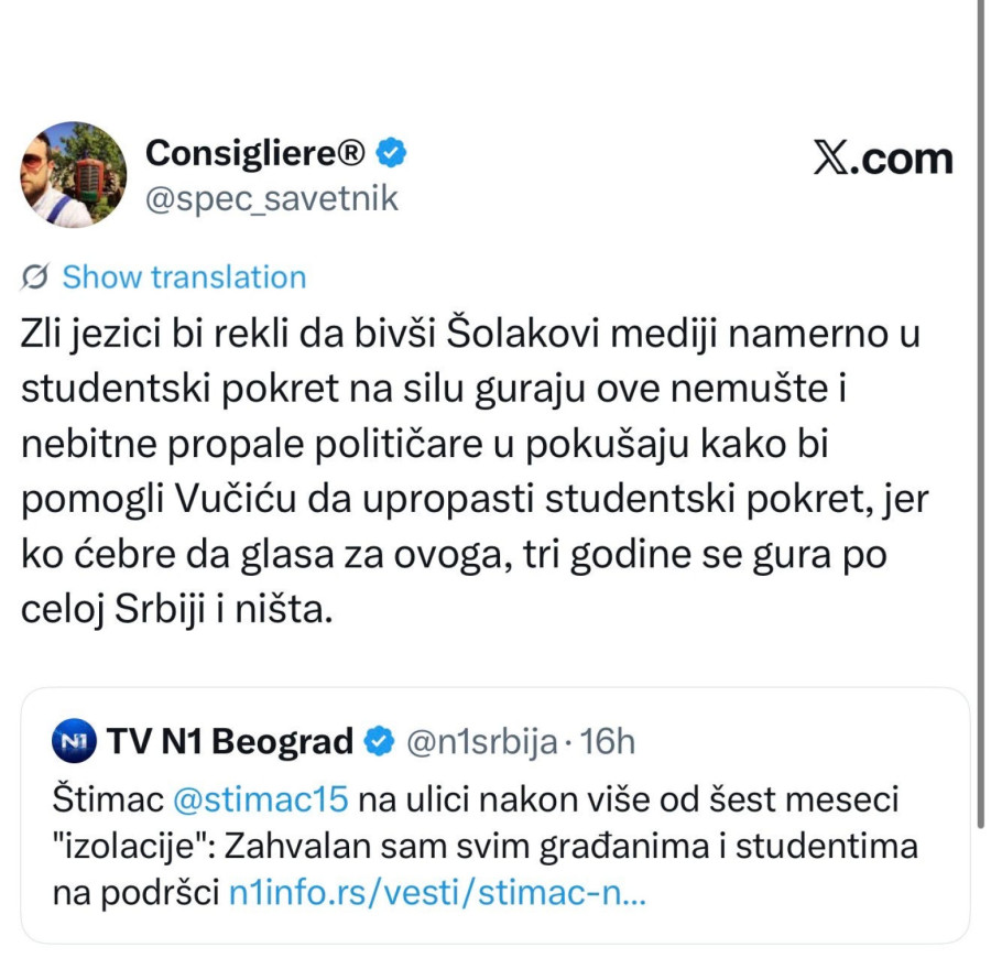 Vučić je kriv za sve?  Sada je podmetnuo studentima Vladimira Štimca da uništi blokaderski pokret