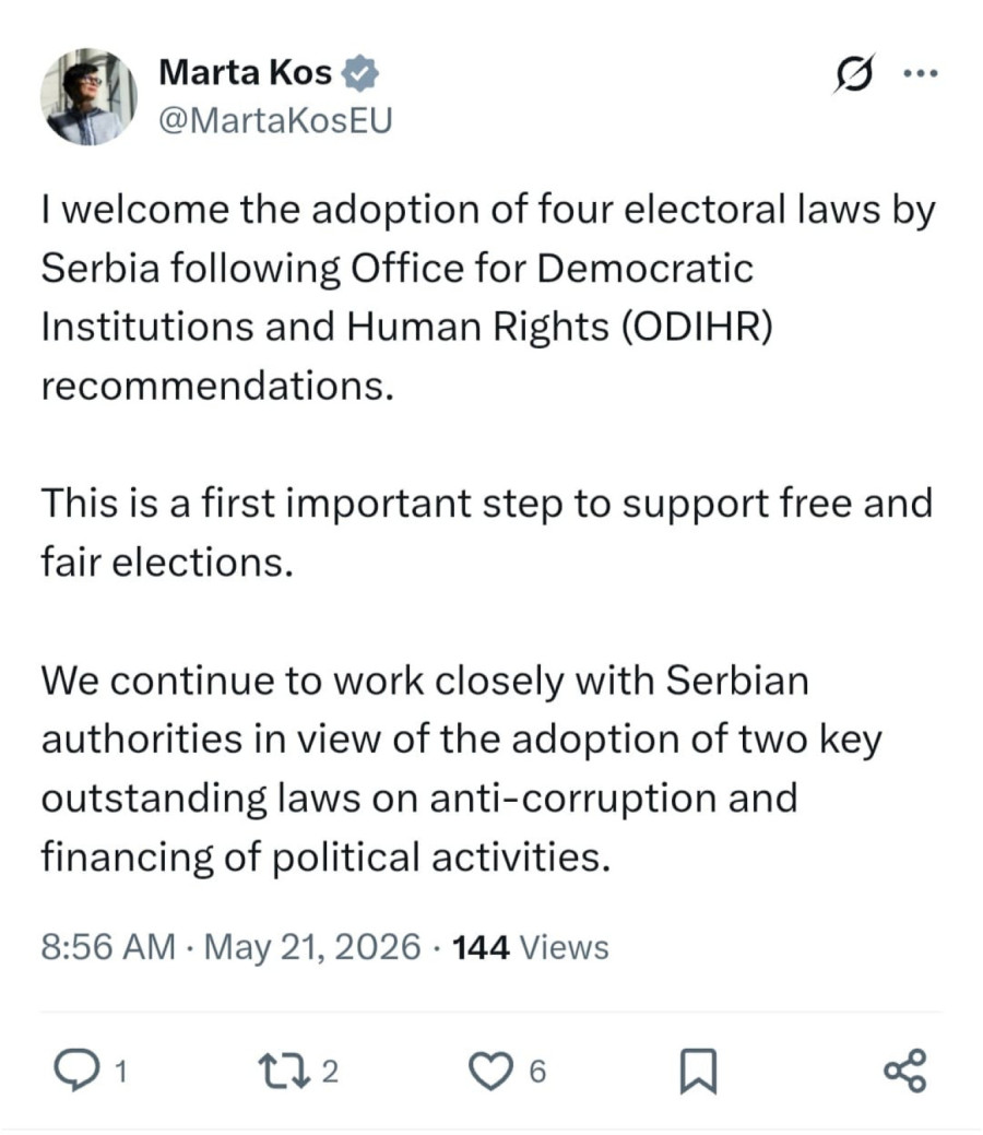 Marta Kos: Pozdravljam usvajanje četiri izborna zakona u Srbij FOTO