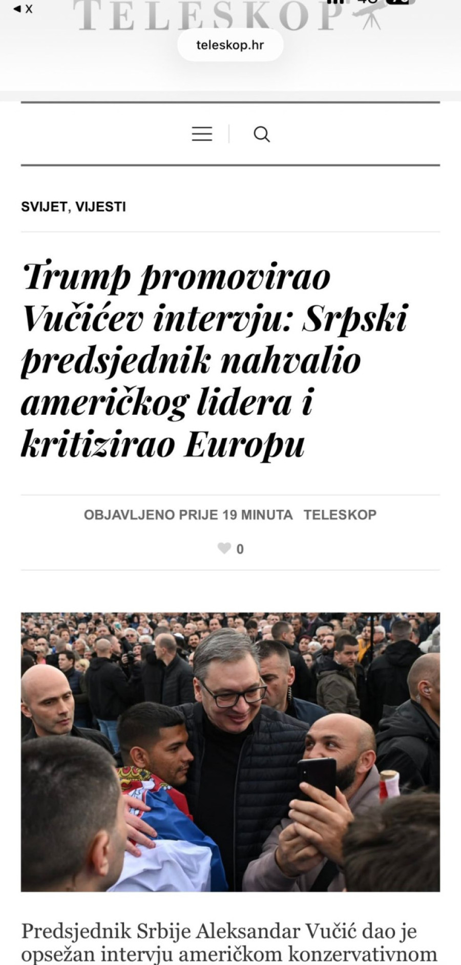 Vest broj jedan u Hrvatskoj; Mediji u komšiluku u očaju: Tramp podelio Vučićev intervju FOTO
