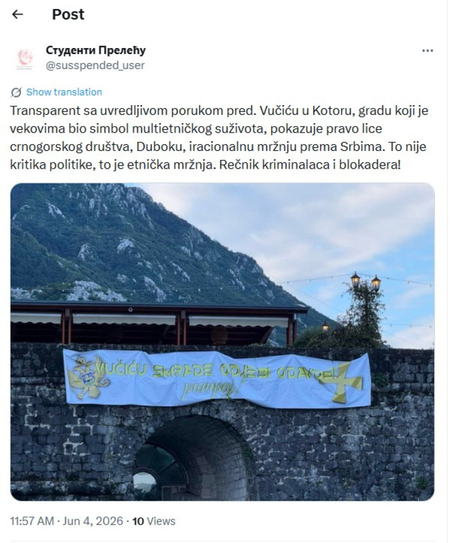 Iracionalna mržnja prema Srbima; Sraman transparent u Kotoru sa uvredljivom porukom Vučiću FOTO