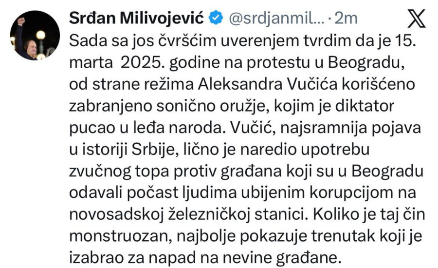 Oglasio se glavni blokader iz opozicije; Milivojević nastavlja sa lažima o zvučnom topu, uprkos dokazima