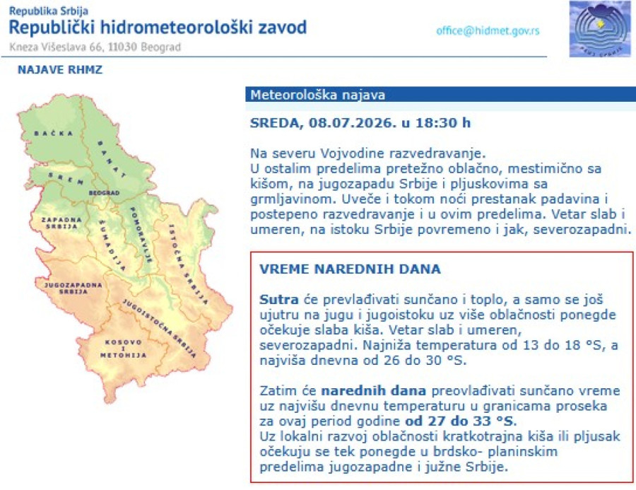 Stiže promena: Prestanak padavina i skok temperature