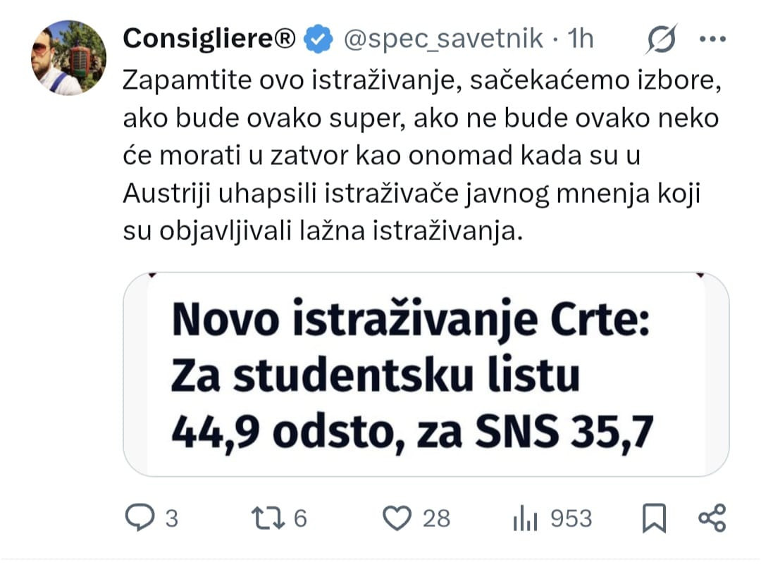 Novi haos blokadera oko izbora; Zapretili hapšenjem istraživača Crte FOTO