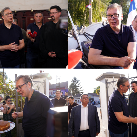 Vučić fijakerom kroz Belegiš; Veliki broj građana sa transparentima "Srbija pobeđuje" i "Ujedinjena Srbija"