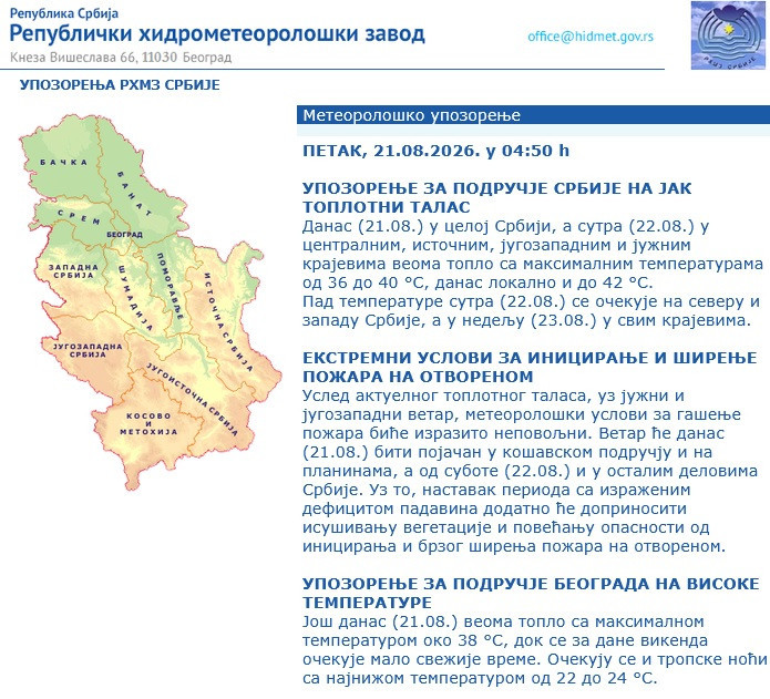 RHMZ izdao upozorenje: Temperature iznad 40 stepeni