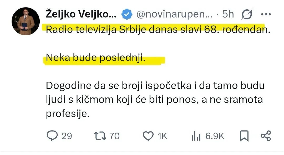 Novi skandal blokadera; Ne prestaju sa mržnjom: Veljković na rođendan RTS-a poželeo da bude poslednji FOTO
