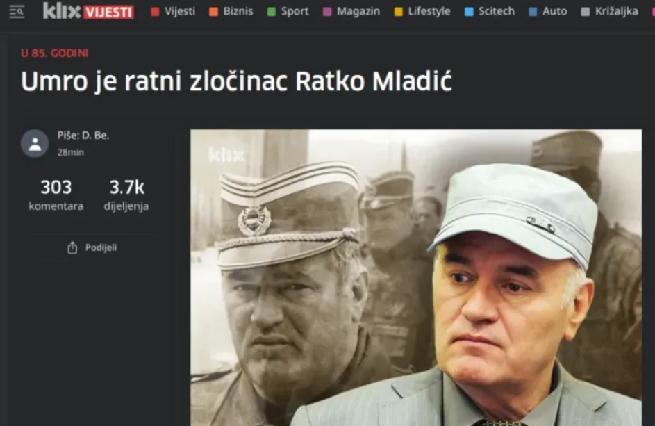 Sramni napadi: Hrvatski i sarajevski mediji se utrkuju u likovanju i vređanju preminulog generala Mladića
