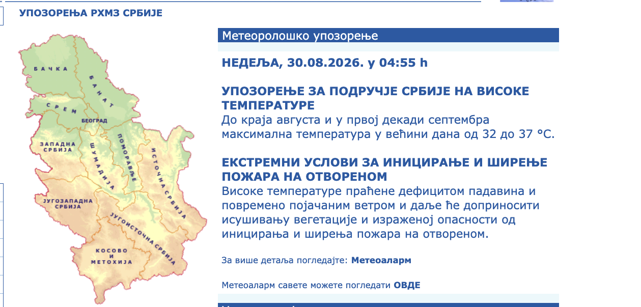Temperatura ide do 37 stepeni: RHMZ objavio upozorenja za Srbiju