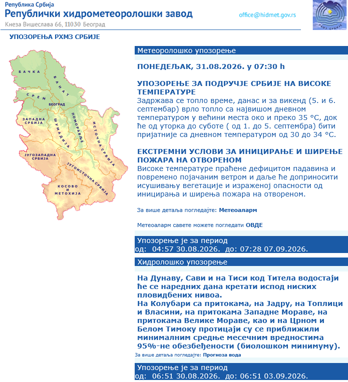 Upaljeni alarmi! RHMZ upozorava građane