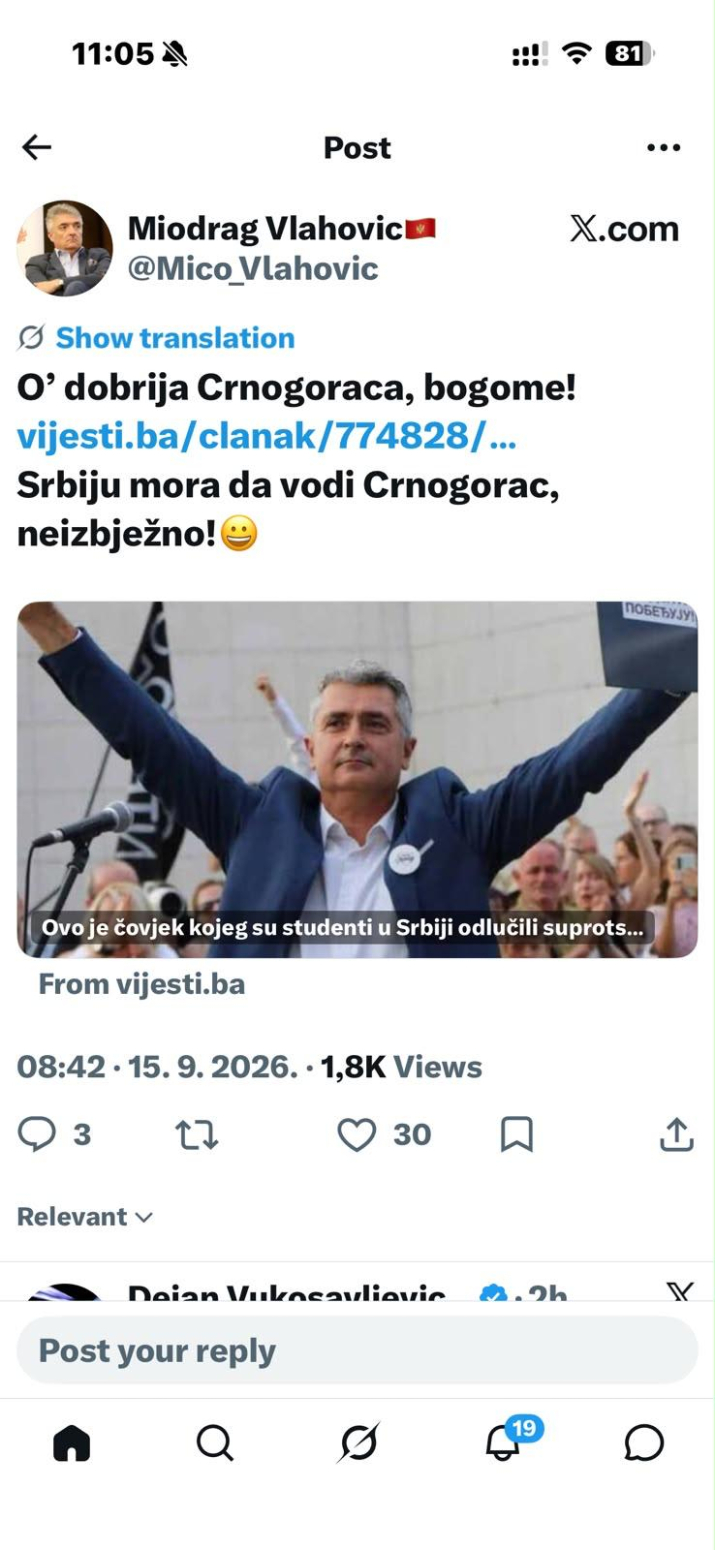 Najveći mrzitelj Srbije iz Crne Gore dao podršku Srdanoviću, prvom na Studentskoj listi FOTO
