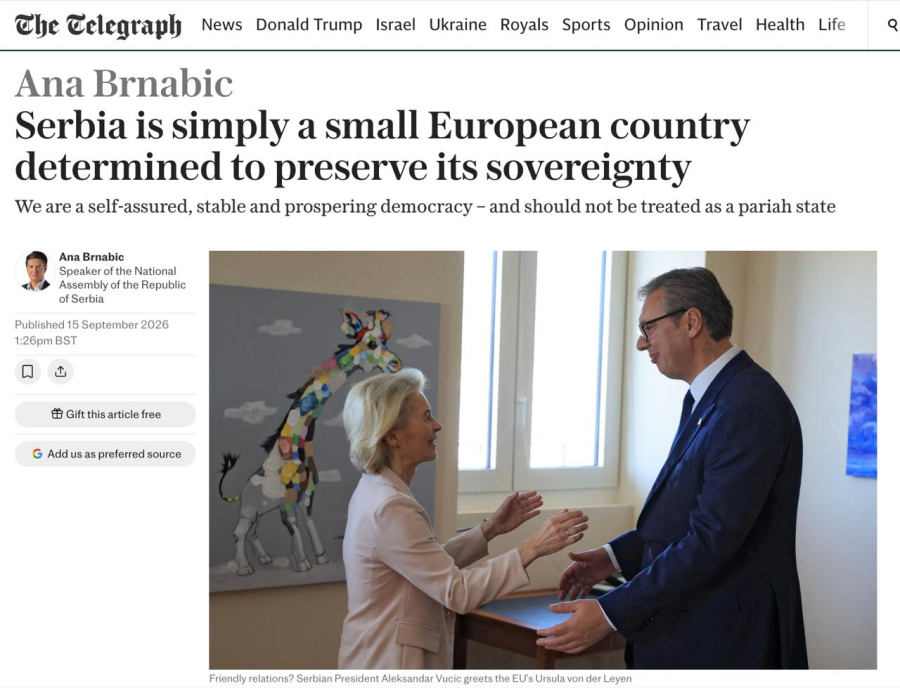 Brnabić za The Telegraph: Srbija je evropska zemlja, ali nije ničiji pion