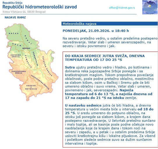 Magla, kiša i osetno hladnije sutra u Srbiji; Evo kakvo će vreme biti do kraja nedelje