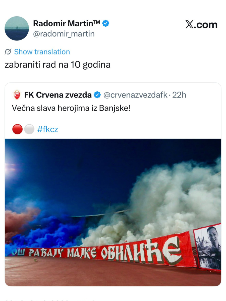 Sramna poruka blokadera: Traže zabranu Crvene zvezde zbog transparenta posvećenog srpskim žrtvama FOTO