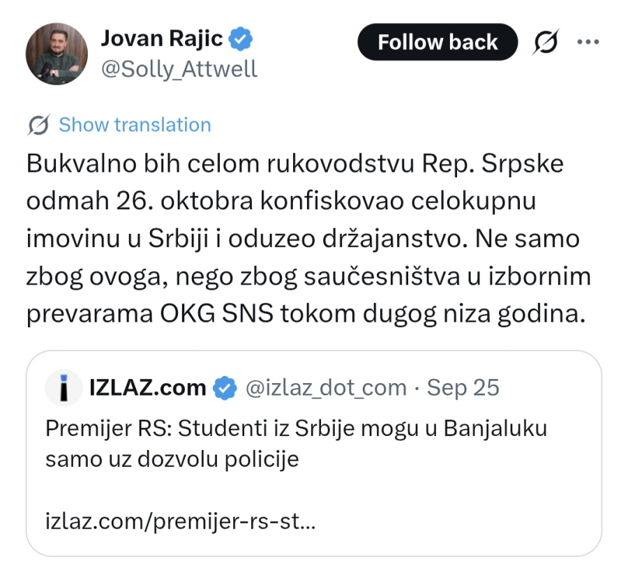 Još jednom potvrđen plan Studentske liste: Srbima iz Republike Srpske oduzeti imovinu koju imaju u Srbiji