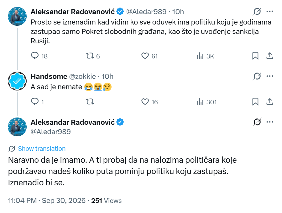 Generalni sekretar Pokreta slobodnih građana priznao: Naravno da ćemo uvesti sankcije Rusiji FOTO
