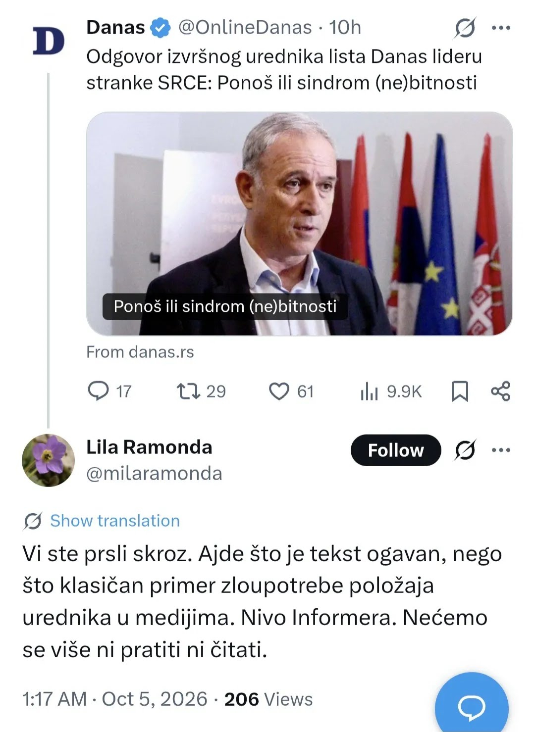 Ponovo rat u blokaderskim redovima: Ponoš udario na Danas, urednik mu žestoko odgovorio FOTO