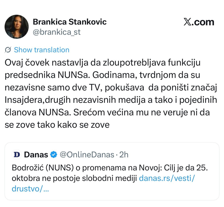 Brankica Stanković žestoko odgovorila Bodrožiću: Niko mu ne veruje ni da se zove tako kako se zove
